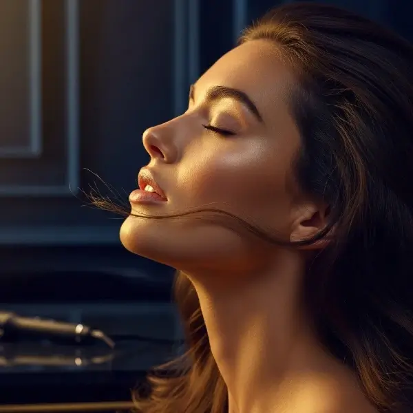 אישה נושמת טיפוח ומשתמשת במוצרי שיער פרימיום של דונה אלקסיה באווירת ספא יוקרתית